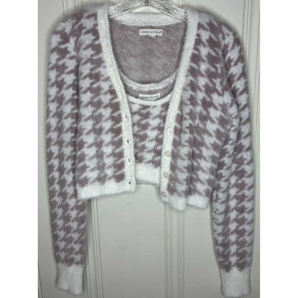 Aeropostale houndstooth fuzzy knit crop cardigan cami twin set Jr Size Med Y2K